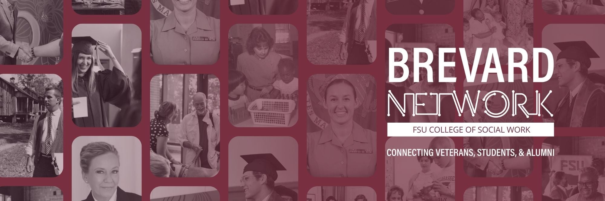 image of multiple shots of smiling professionals, social work, veterans, and families with a garnet colored background 